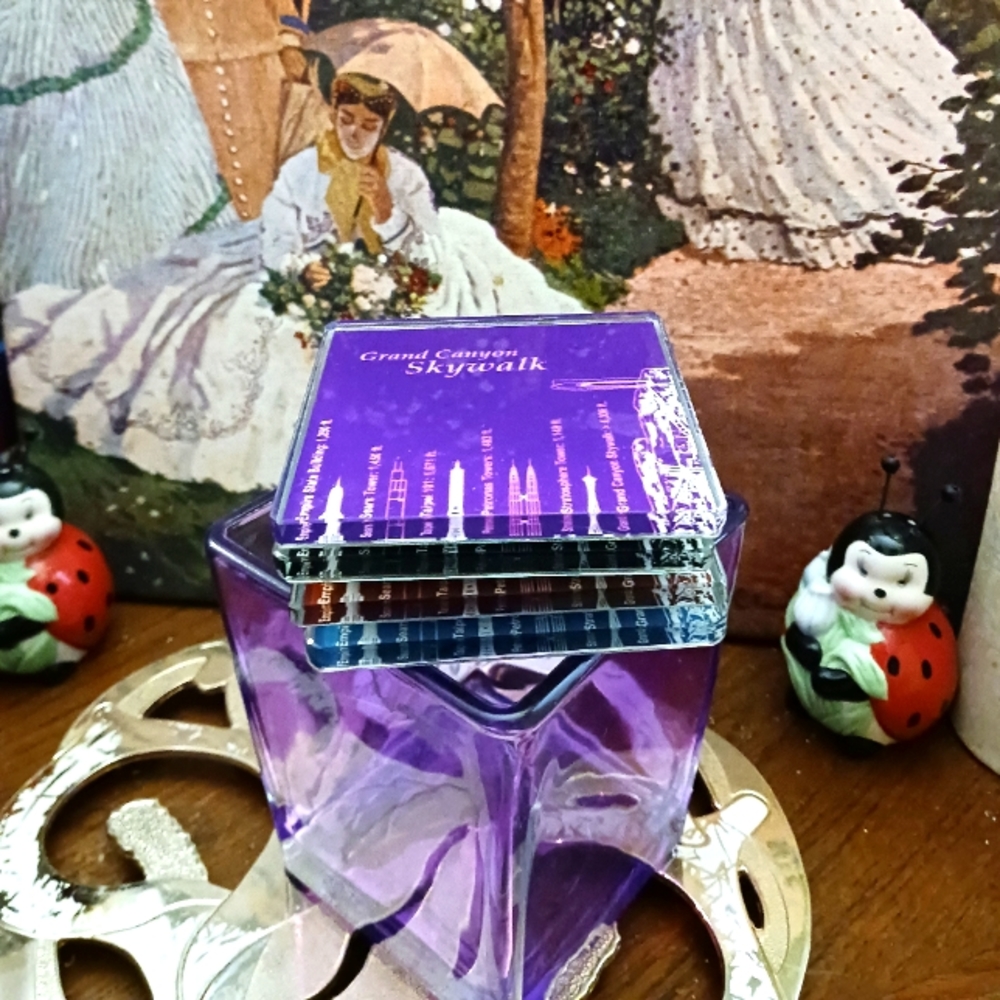 4 Grand Canyon Arizona Vintage Glass Travel Coasters,1 Teleflora Vintage Vase.